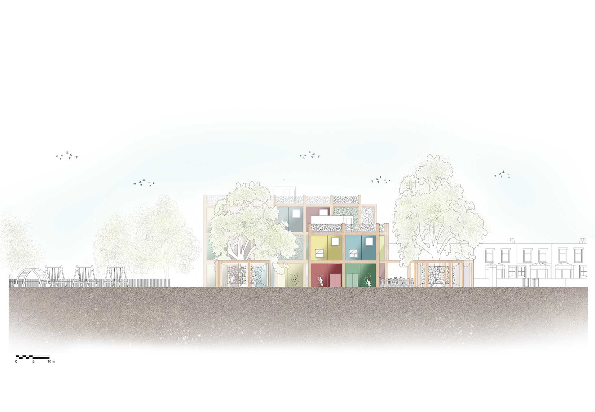 The south elevation shows the entrance and how my centre fits into the surroundings.
