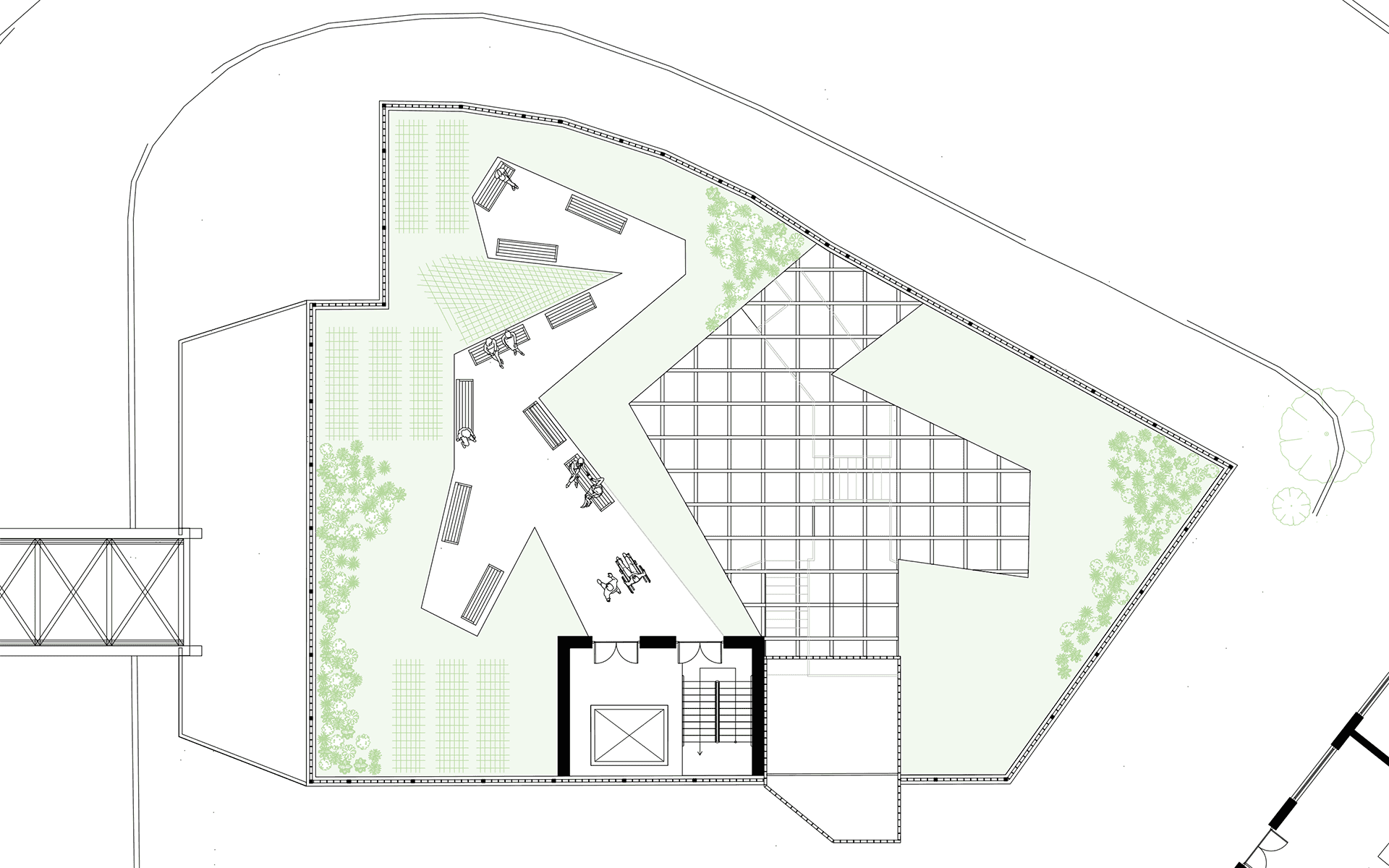 Roof plan of proposal showing the green roof which is a key element of the design that is mainly used for growing vegetables for the community centre. Any waste products from the green roof can then be recycled and fed back to the roof as it will be used as fertiliser.  