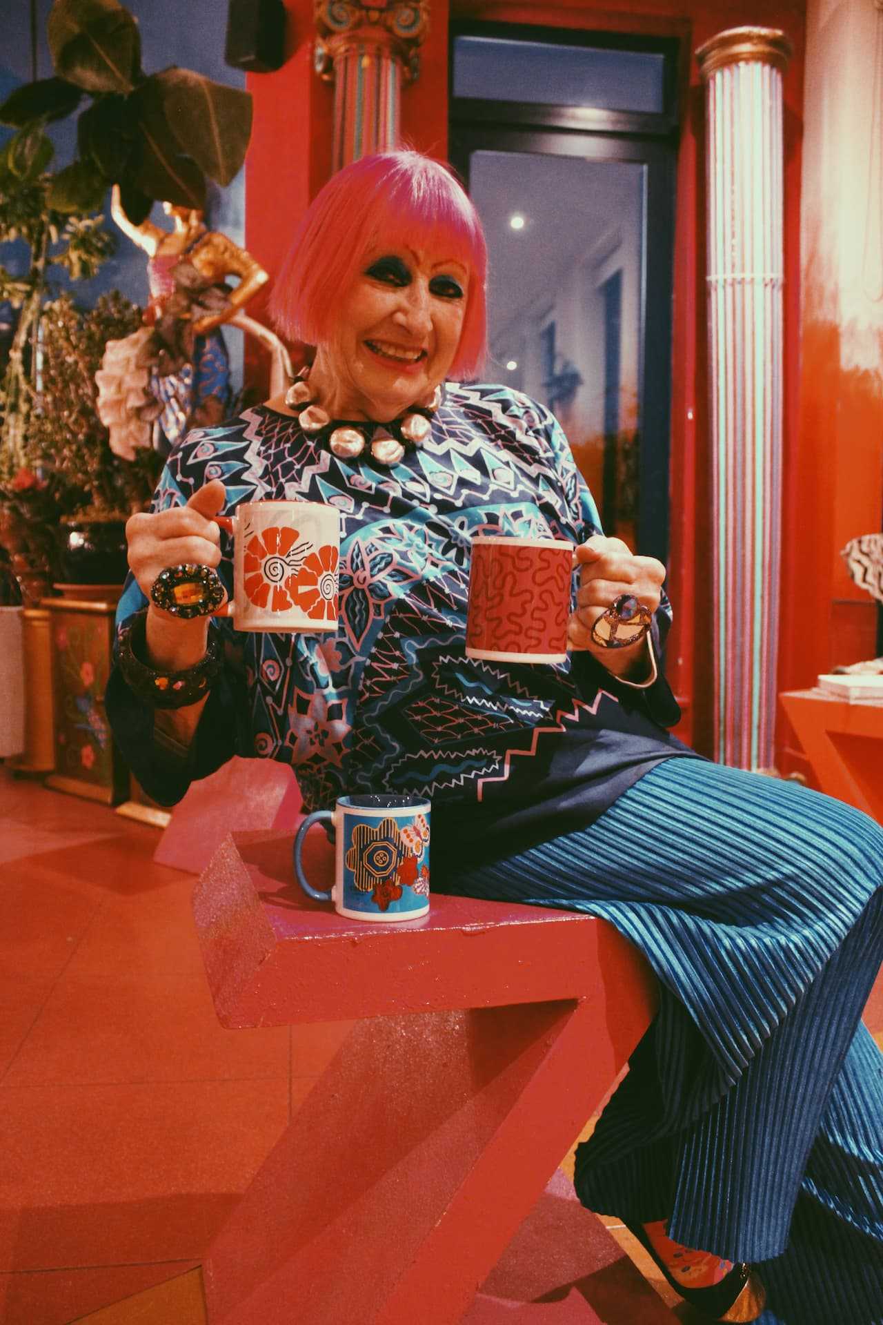 Outcomes for the Zandra Rhodes X Costa Coffee collaboration were 3 mugs, designed using some of Zandra's iconic designs and patterns from over the years. The photoshoot with the outcomes, and the client in her penthouse studio. 