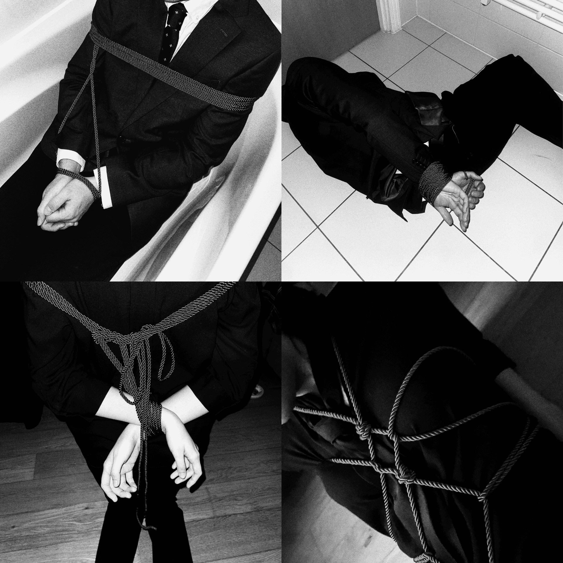 This was intertwined with the art of Shibari, a practice of rope binding. In this juxtaposition, the binding of Shibari echoed the bondage of salarymen willingly subjected to the demands of their work, both scenarios portraying individuals bound. The aim was to merge the aesthetic of Shibari with the uniformity of office attire. This fusion of contrasting concepts aimed to depict the human condition, prompting contemplation on the boundaries we impose upon ourselves and the costs of the bonds we willingly accept.