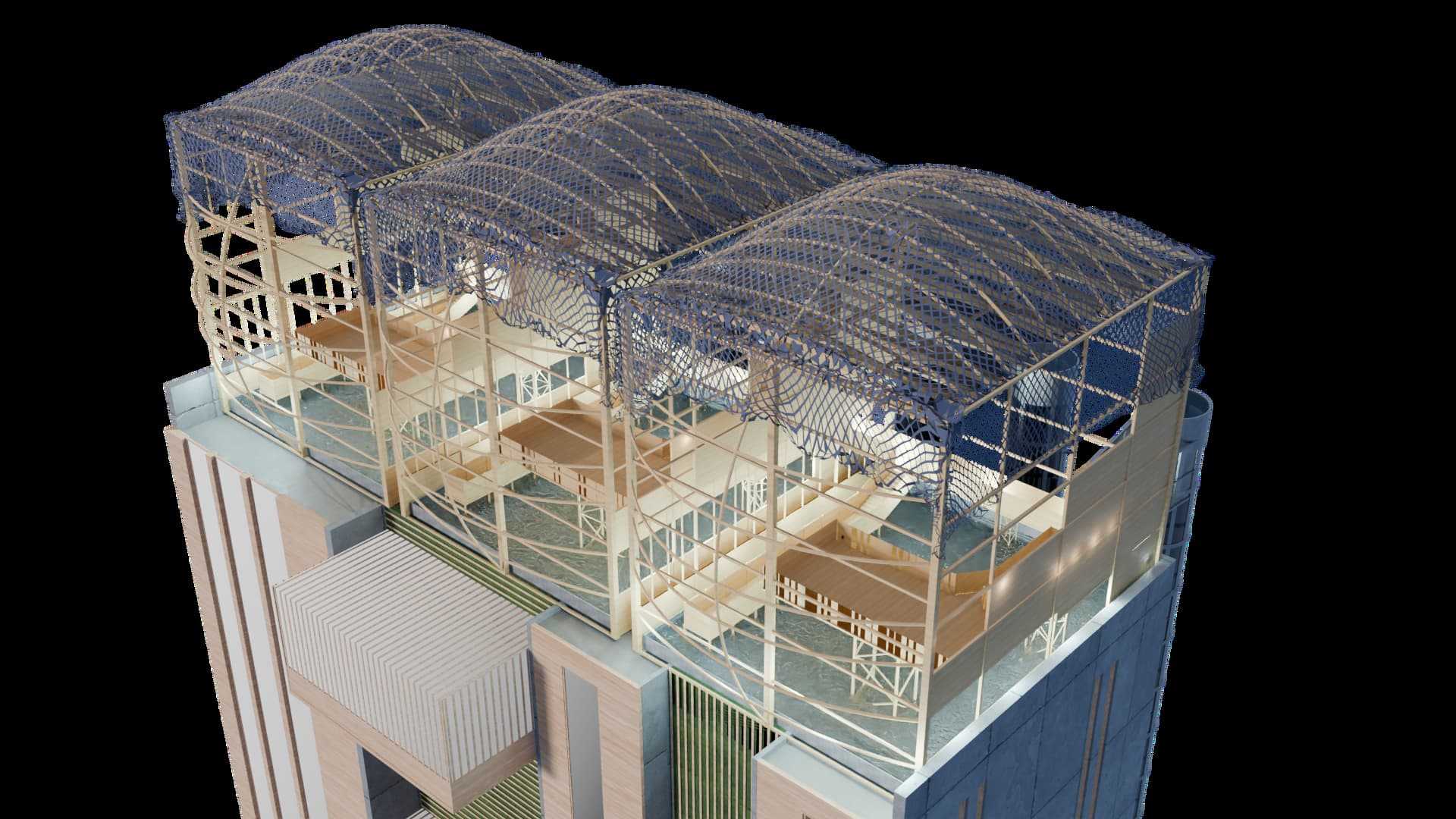 Render: Greenhouses as a strategic environmental strategy, transforming air into water and storing it. 