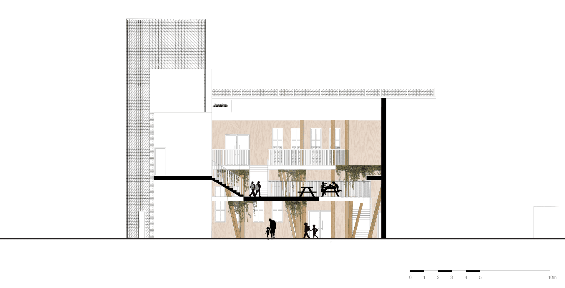 Interior section of proposal shows the staggered levels that allow for an open space throughout. 