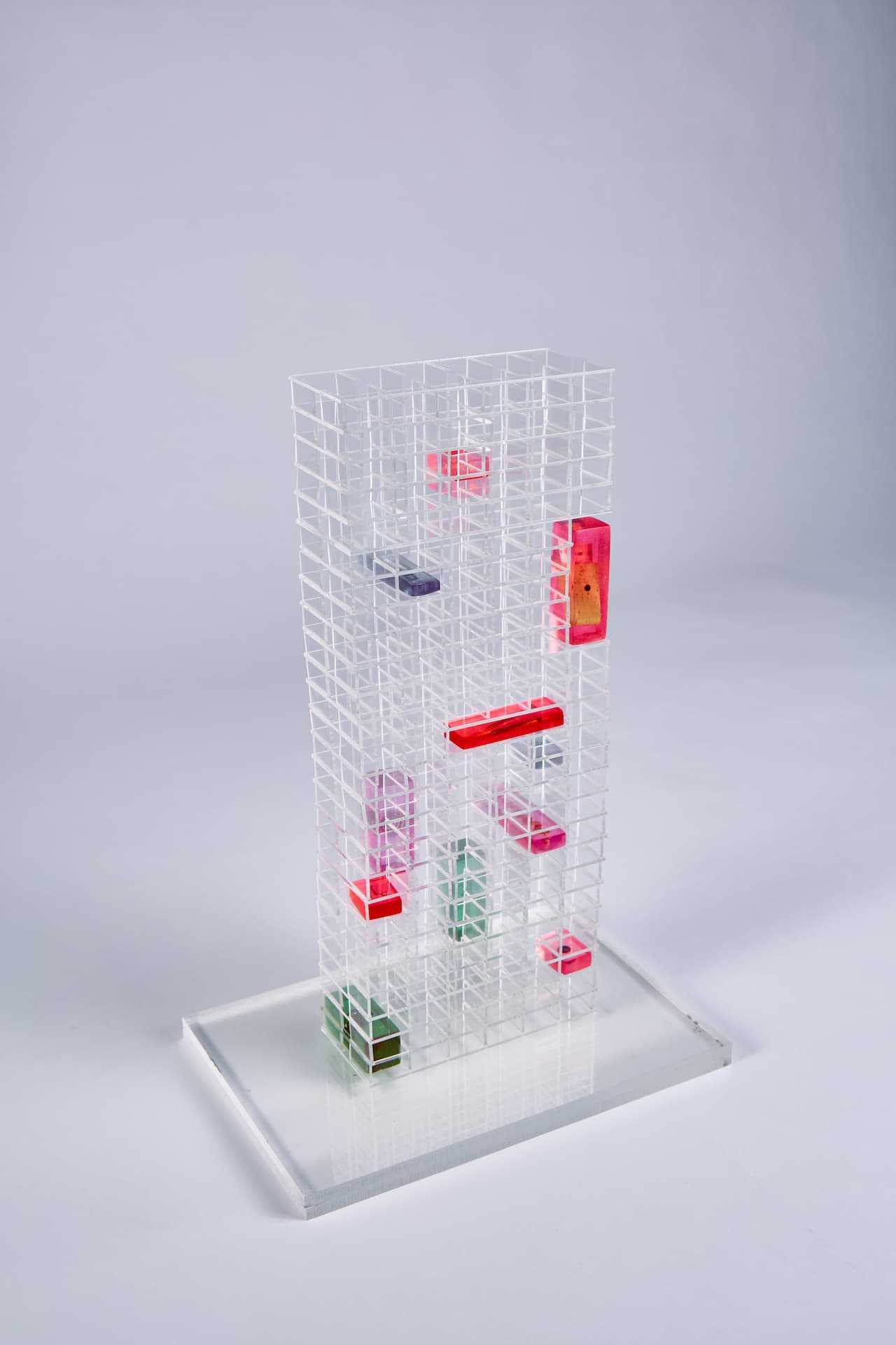 Conceptual acrylic model of the Towers of Memory. Memory objects were cast in resin and displayed in the existing structure of the Maydew House.