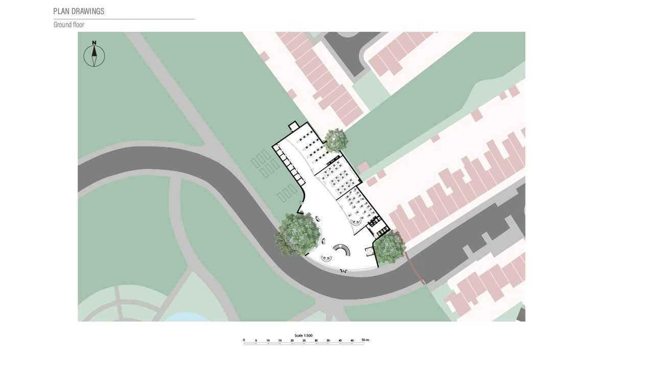 Ground Floor plan 1:500. This project was the idea for Reyes' Final Major Project which was to create a space to encourage social cohesion. A place where visitors can acquire skills such as pottery, painting and cooking classes. Also shown in the floor plan to protect the trees from the area so the building is fixed around them.  