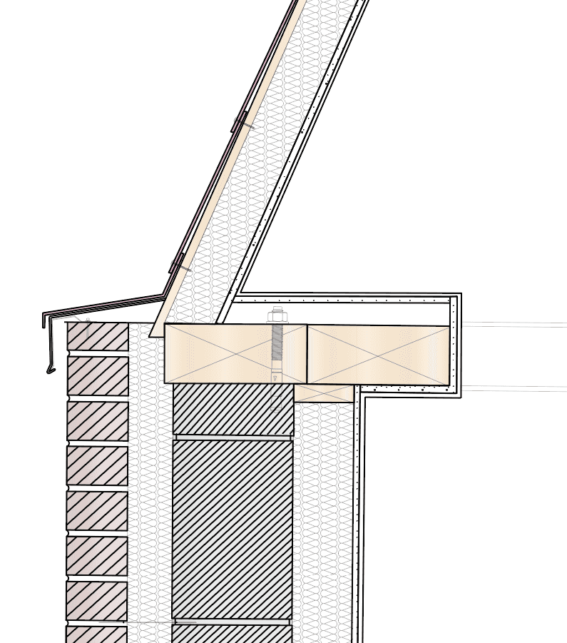 Wall to roof construction section of the sound recording studio. The wall was extended up in order to add more height for the roof so that this part of the building is taller than the server building. This was essential in order to ensure light enters the spaces through the roof windows.