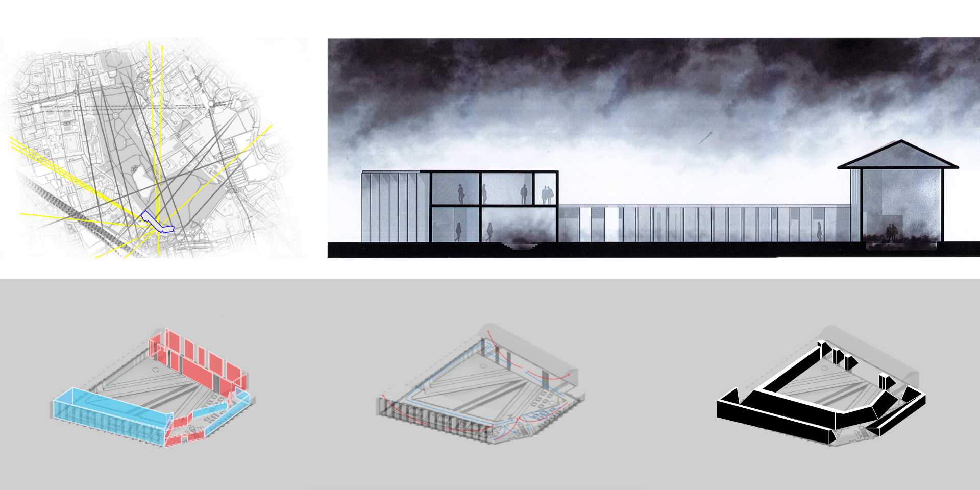 The diagram on the left shows historical grid lines which go directly through the church building and each of the ten points at which they converge as a starting point for each of the ten historical landmarks. This in turn created different areas which could be cut into the church building therefore giving me opportunities to play with positive and negative space.

The diagrams below that show how the building will be insulated, the ventilation of the proposal and how daylight enters the building.