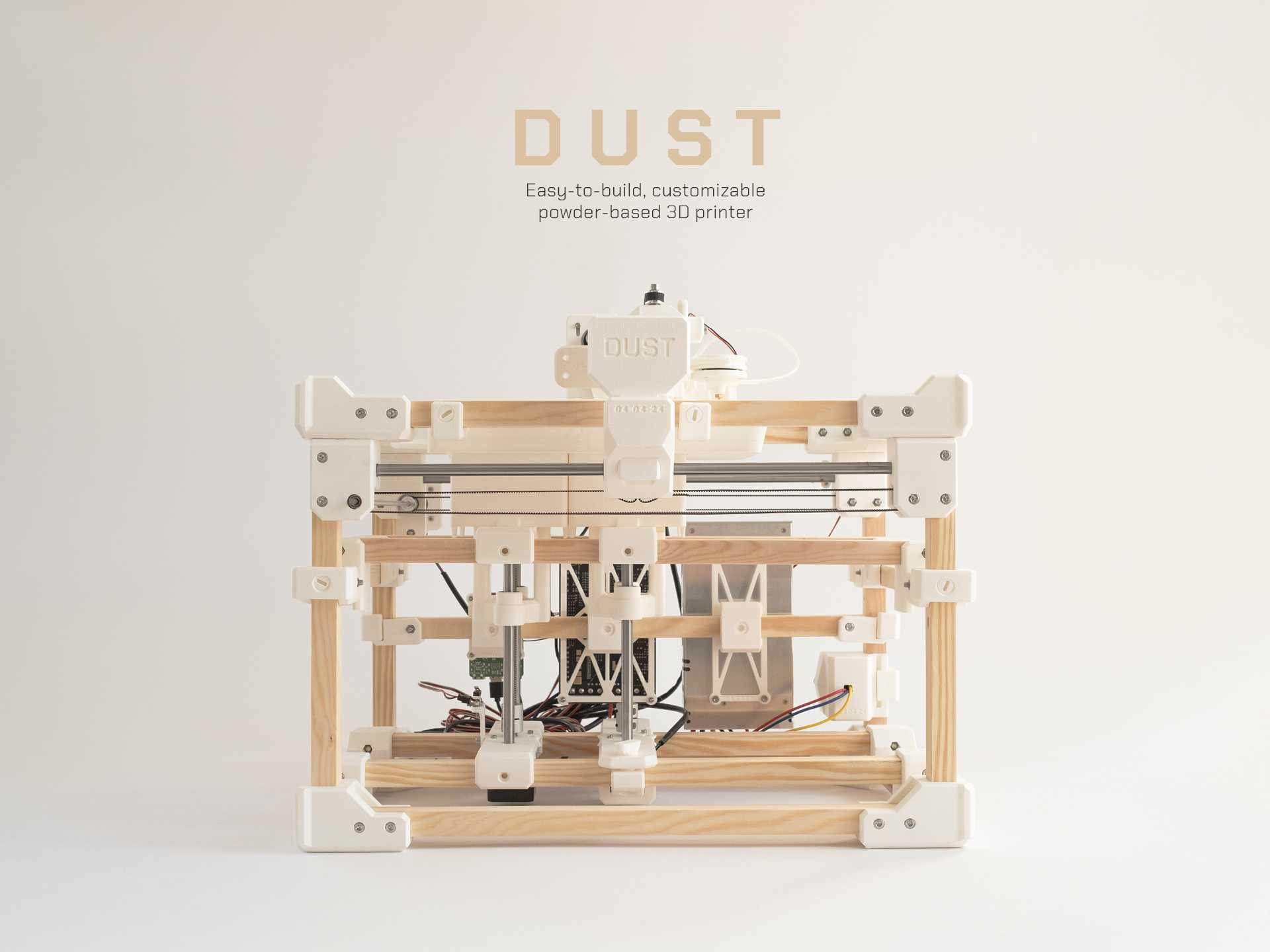 Dust is an easy-to-build powder-based 3D printer designed from easily sourceable parts and 3D-printed plastic components. It aims to make binder jet printing technology more accessible, featuring a customizable design with the potential to be used with a wide range of materials.